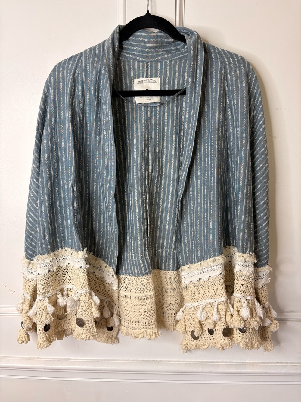 Zara Boho Tassel Trim Striped Kimono Jacket - Blue & Cream